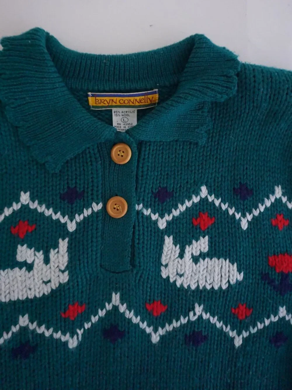 Vintage Bryn Connelly Green Bunny 15% Wool Fair Isle Knit Collared Sweater L - Picture 9 of 10